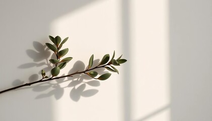 Subtle texture, eucalyptus branch casts soft shadow on minimalist wall,  monochrome,  detail