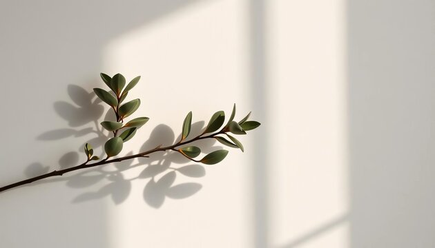 Subtle texture, eucalyptus branch casts soft shadow on minimalist wall,  monochrome,  detail