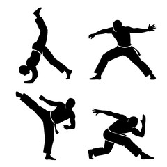 Capoeira Silhouette Gesture Icons – Brazilian Martial Arts Dance Movements, Acrobatics, Combat Kicks, and Flowing Fighting Poses – Transparent Background