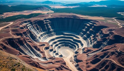 Vast, scarred landscape; aerial view of active cement quarry, dust, raw materials