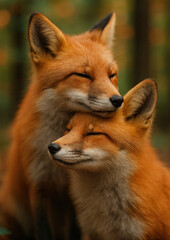 Obraz premium Adorable foxes cuddling in forest.