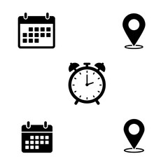 Collection of black calendar alarm clock and location pin icons isolated on white background