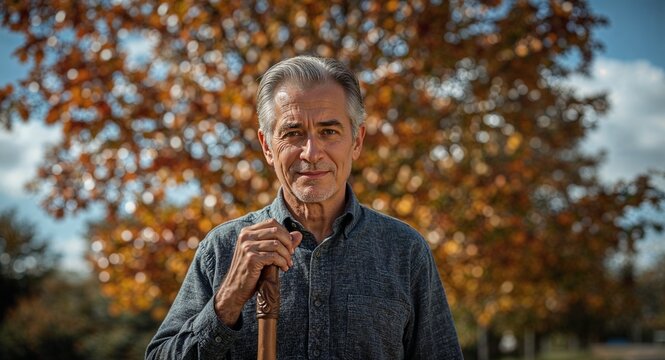 Portrait of a mature man with gray hair holding a cane standing in front of a tree with autumn leaves