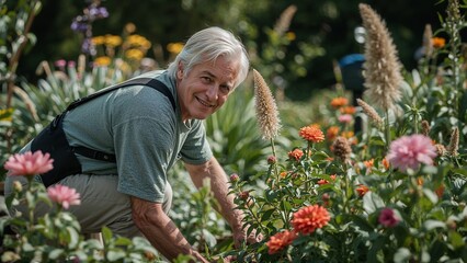 Smiling senior man tending to a vibrant flower garden with orange and pink blooms in the sunshine
