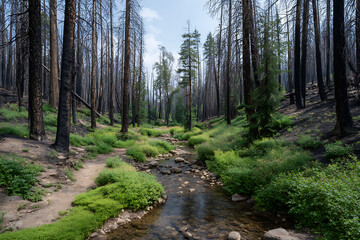 Fototapeta premium Post wildfire forest scene with creek and new growth aftermath trees