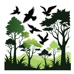Birds Flying Over Trees Silhouette Icon
