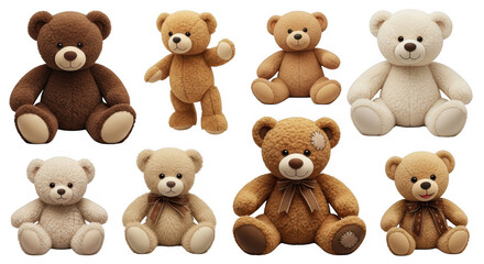 Obraz premium Adorable Collection of Plush Teddy Bears in Various Shades and Sizes for Kids and Collectors, isolated on a transparent background