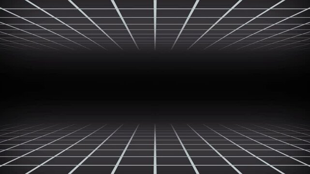 black neon grid Retro 80s style animation tunnel, lighting glowing bright lines background, composition seamless loop illusion space