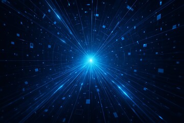 Fototapeta premium Abstract blue digital tunnel with glowing lines and data squares