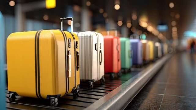 Colorful suitcases arranged on a baggage carousel at an airport, ready for travelers to collect and embark on journeys.