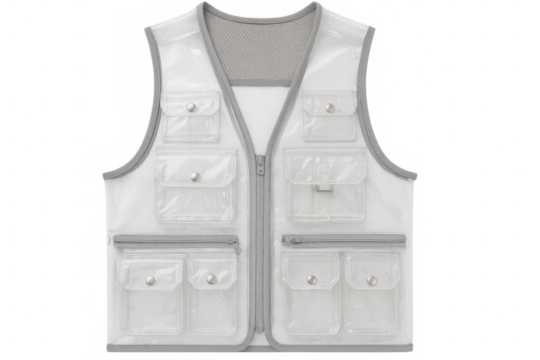 Studio shot of a transparent plastic utility vest featuring multiple pockets, isolated on a transparent background