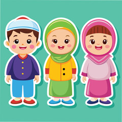 Three children, boy and girls, in traditional Muslim attire