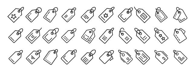 Price tags, labels, shopping signs – thin line web icon set. Outline icons collection. Simple vector illustration.