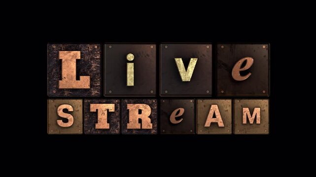 An overlay caption made up from metal blocks with 3D type with each character spinning and settling in to place.
