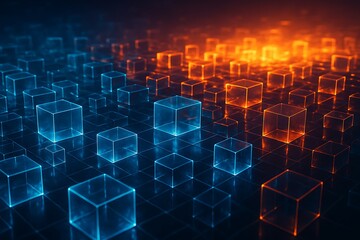Obraz premium Glowing blue and orange cubes arranged on a grid in a futuristic digital landscape