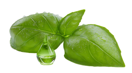 Bright green drop of basil oil resting on fresh basil leaves after a refreshing rain in a bright kitchen setting