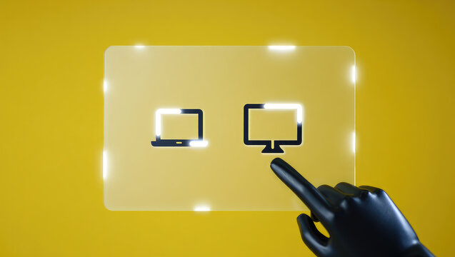 Laptop and Desktop Computer Icons on Transparent Screen Being Touched by Robotic Hand Representing Connectivity and Technology Integration on Yellow Backdrop