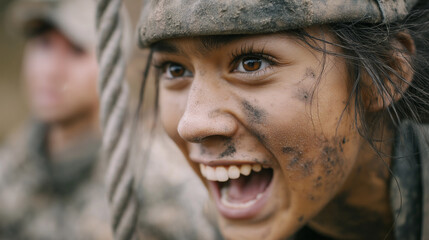 Young female participant shows determination and enthusiasm during outdoor training exercise in challenging conditions