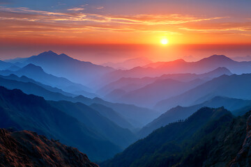 Fototapeta premium Majestic mountain range bathed in vibrant sunset hues mountains orange