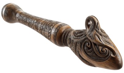 Intricately carved Samoan wooden war club displaying traditional craftsmanship and cultural significance