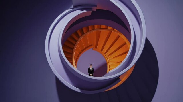  Homme debout au centre d&rsquo;un escalier en spirale g&eacute;om&eacute;trique