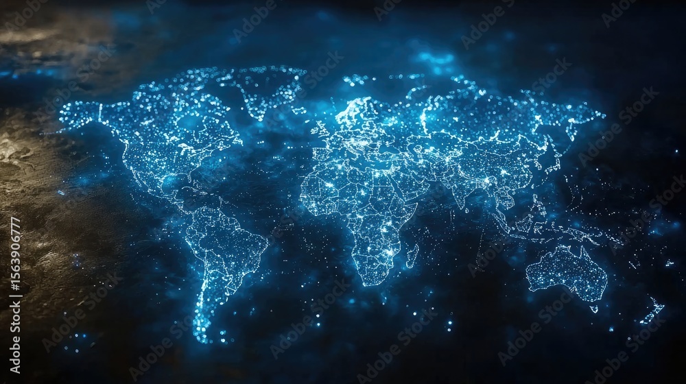 Poster exploring global connectivity through a digital world map virtual environment data visualization cyb