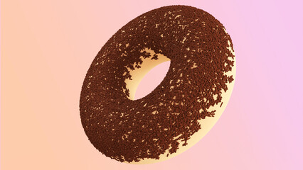 Realistic 3d render of a vanilla doughnut topped with dense chocolate sprinkles, floating against a soft pink and peach gradient background.