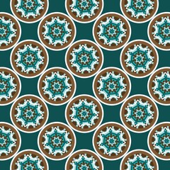 Pattern with Repeating Teal and Brown Mandala Circles in Islamic-Inspired Style for Fabric or Wallpaper Decoration