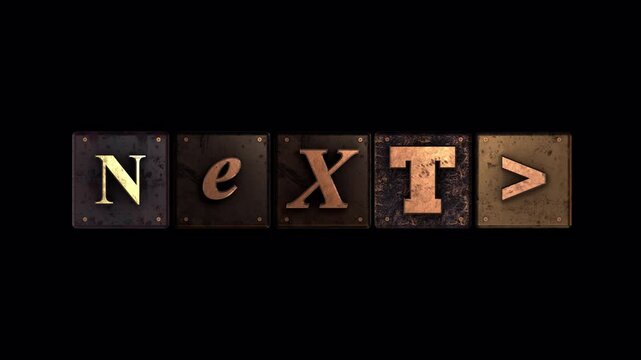 An overlay caption made up from metal blocks with 3D type with each character spinning and settling in to place.