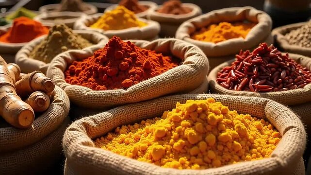 Aromatic spices in burlap sacks create a vibrant and colorful display of culinary ingredients, showcasing turmeric, chili peppers, and various seasonings in a rustic, organic market setting.