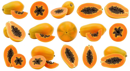 Ripe Papayas Cut Open To Reveal Their Bright Orange Flesh and Seeds, isolated on a transparent background