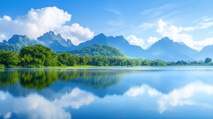 Fototapeta premium Serene landscape featuring tranquil lake reflecting majestic mountains and lush greenery under clear blue sky