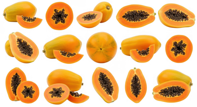 Ripe Papayas Cut Open To Reveal Their Bright Orange Flesh and Seeds, isolated on a transparent background
