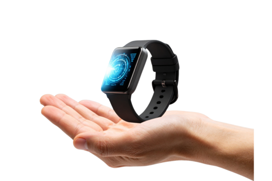 Smartwatch Floating Above Hand with Glowing Interface, Futuristic Concept, isolated on a transparent background