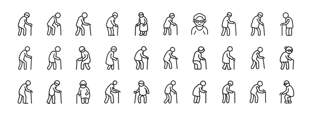 Elderly person, senior care, aging population – thin line web icon set. Outline icons collection. Simple vector illustration.