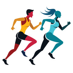 Fototapeta premium Male and female sprinter silhouettes in dynamic running poses isolated on white background