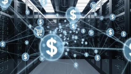 ECommerce Data Flow Visualization in Modern Server Room. - Powered by Adobe