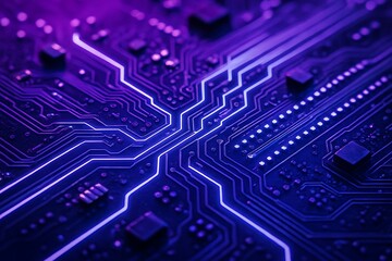Fototapeta premium Abstract close up of glowing purple and blue circuit board pathways