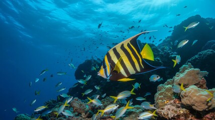 Fototapeta premium Majestic emperor angelfish swims among a school of vibrant yellow and blue striped fish near a coral reef