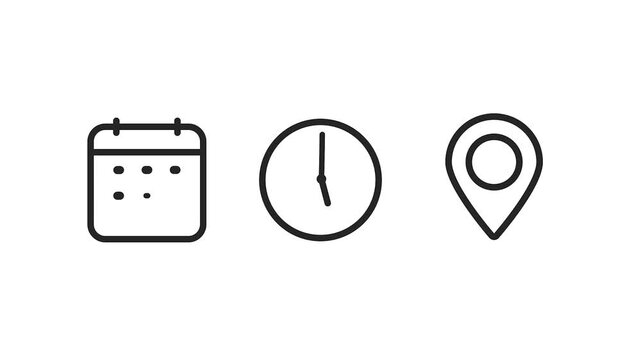 Animated calendar or date, map pin, location, adress, and clock icons with smooth motion graphics for UI, app, website, and video projects. Modern, clean vector animations