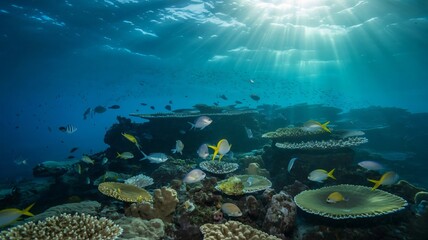 Fototapeta premium Sunlight streams through the clear blue ocean illuminating a vibrant coral reef teeming with diverse tropical fish swimming gracefully