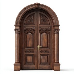 A wooden door with a carved arch