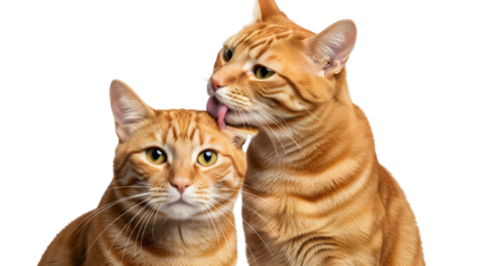 Two ginger cats one grooming the other by licking its head in a close up shot on a black background