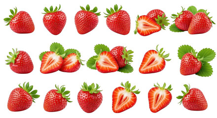 Fresh and Juicy Strawberries Displayed in Various Cuts and Arrangements for Culinary Use, isolated on a transparent background