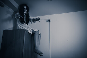 Portrait of asian woman make up ghost,Scary horror scene for background,Halloween festival...