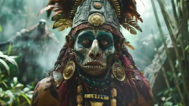 Precolumbian shaman wearing elaborate feathered headdress with ornate gold jewelry and ceremonial face paint in mystical jungle environment