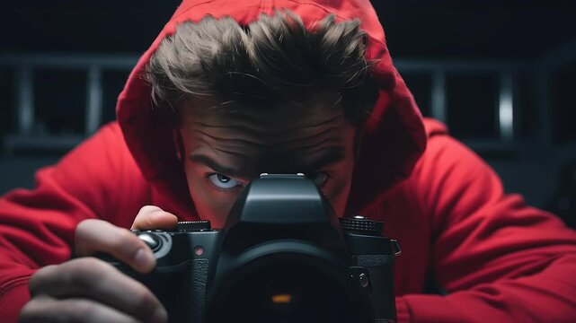 Hooded photographer in red jacket focusing camera lens with intense concentration capturing professional photography and creative artistic vision