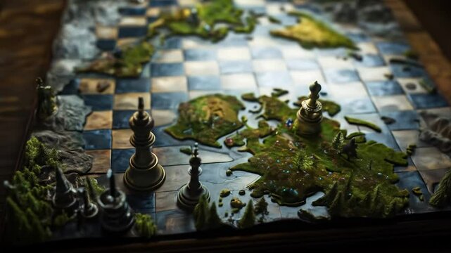 Chess pieces positioned on geographic board featuring world map with territorial lands and islands representing global strategic conflicts and international power dynamics