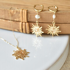 Cute matching set gold sun charm earrings and necklace jewelry set