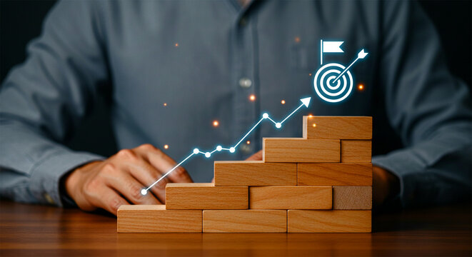 Person arranging stacked wooden blocks with arrow showing upward growth representing business success